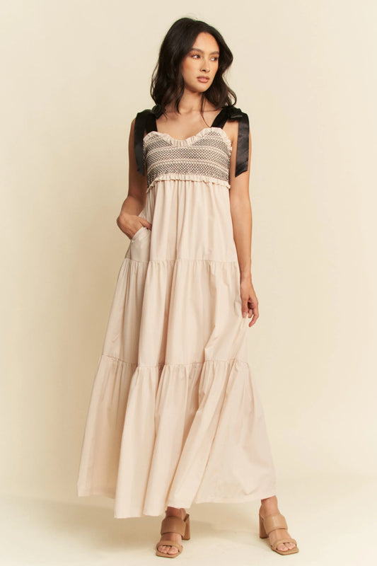 Multi Contrast Smocked Bodice Straps Maxi Dress in Beige - product view 2
