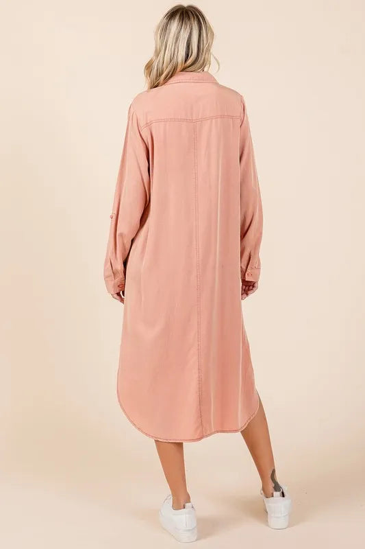 Button Down Long Sleeve Shirt Dress in Burnt Coral - product view 5