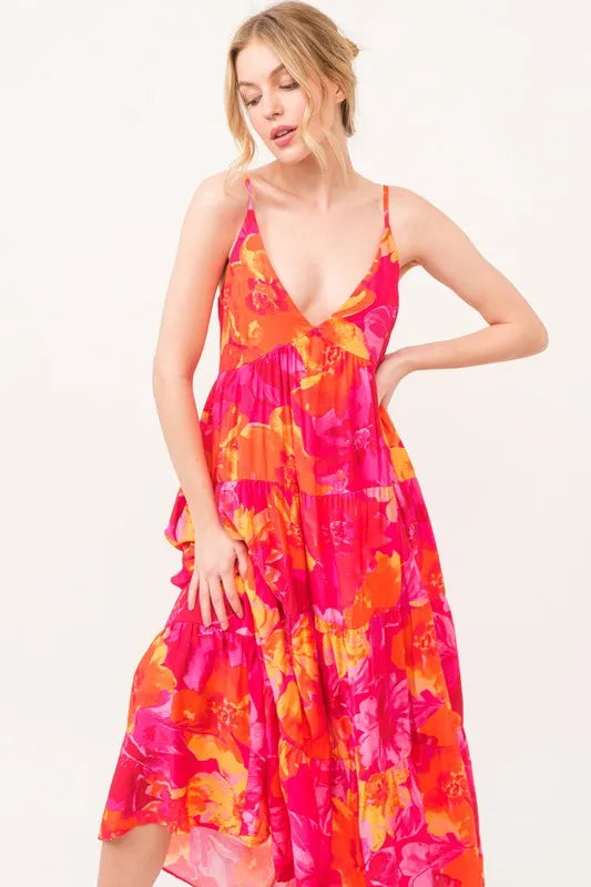 Floral Tiered Maxi Cami Dress with Pockets in Orange Multi - product view 7