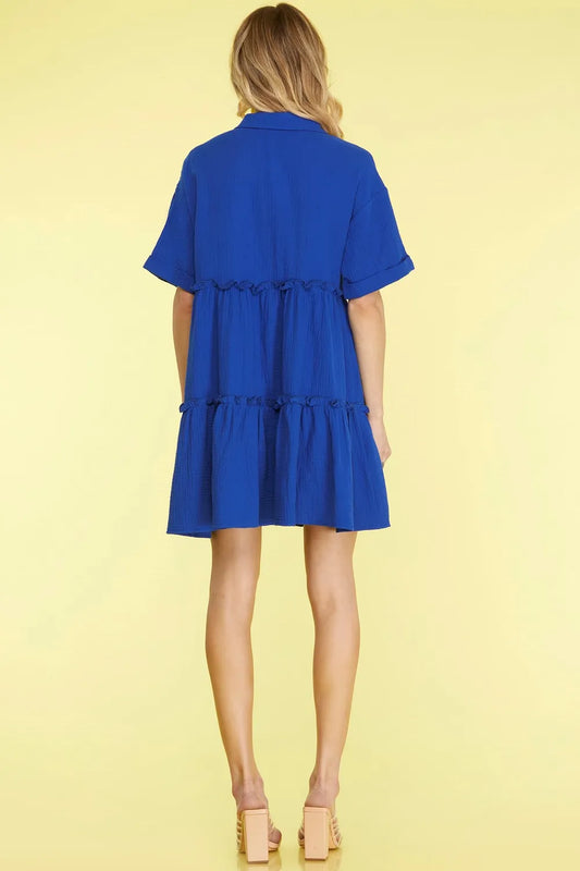 Full Size Button Front Frill Tiered Mini Dress Plus Size - Dark Blue - product view 2
