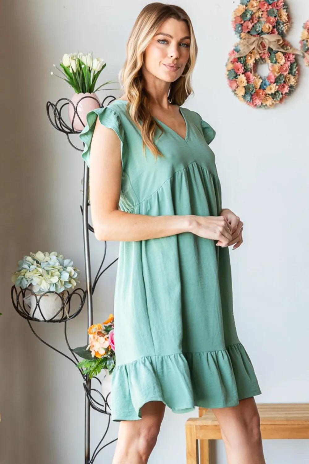 Full Size Short Sleeve V-Neck Ruffled Hem Dress in Dusty Sage - product view 4