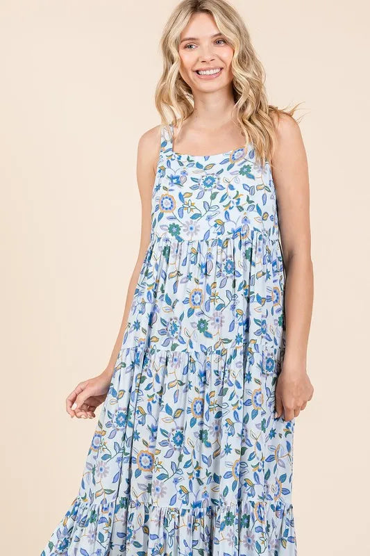 Flower Print Tiered Sleeveless Empire Maxi Dress in Sky Blue - product view 6