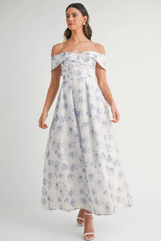 Floral Printed Off Shoulder Maxi Dress in Blue - product view 2
