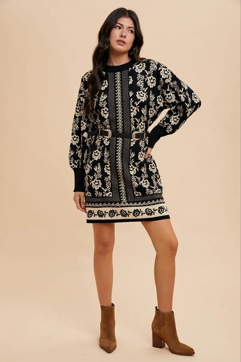 Floral Jacquard Round Neck Sweater Dress in Black/Oatmeal - product view 5