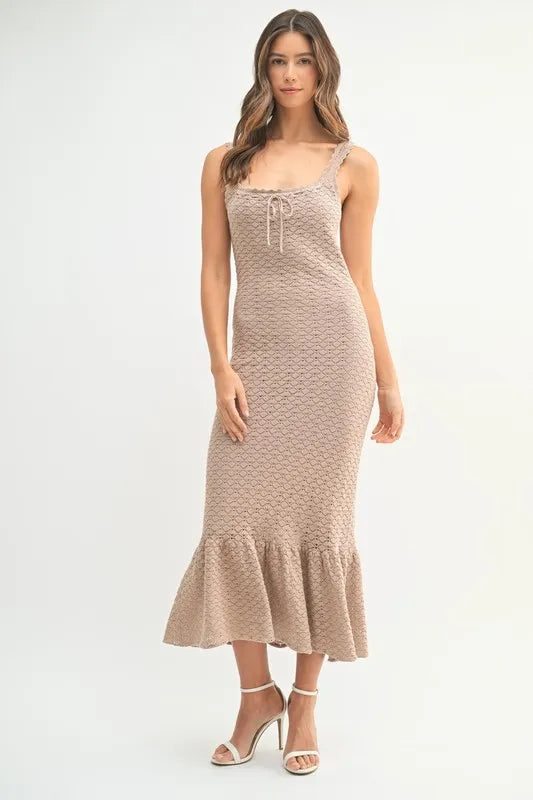 Ruffled Hem Sleeveless Crochet Knit Midi Dress in Mocha - product view 2