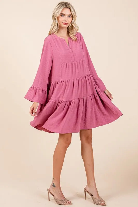 Tiered Notched Flare Sleeve Dress - Rose - product view 5