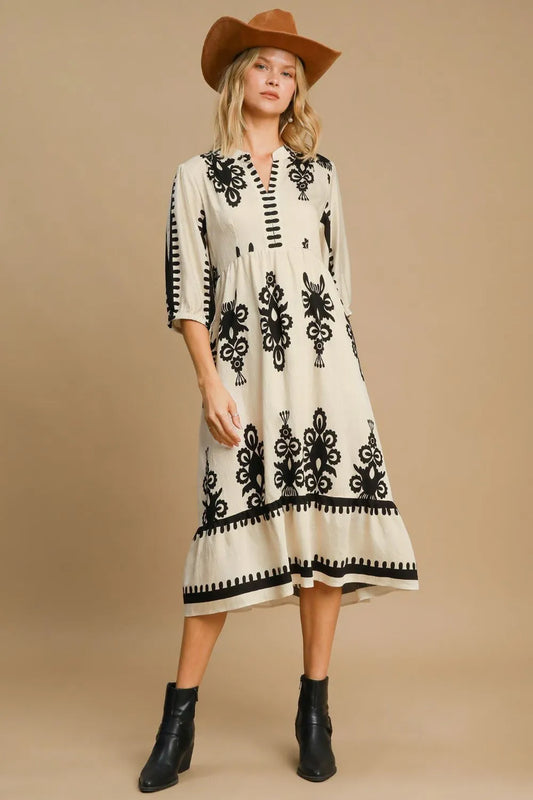 Printed Notched Midi Dress in Cream - product view 2