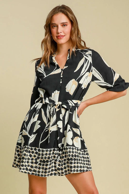 Full Size Floral Print Notched Tie Waist Mini Dress Plus Size in Black - product view 2