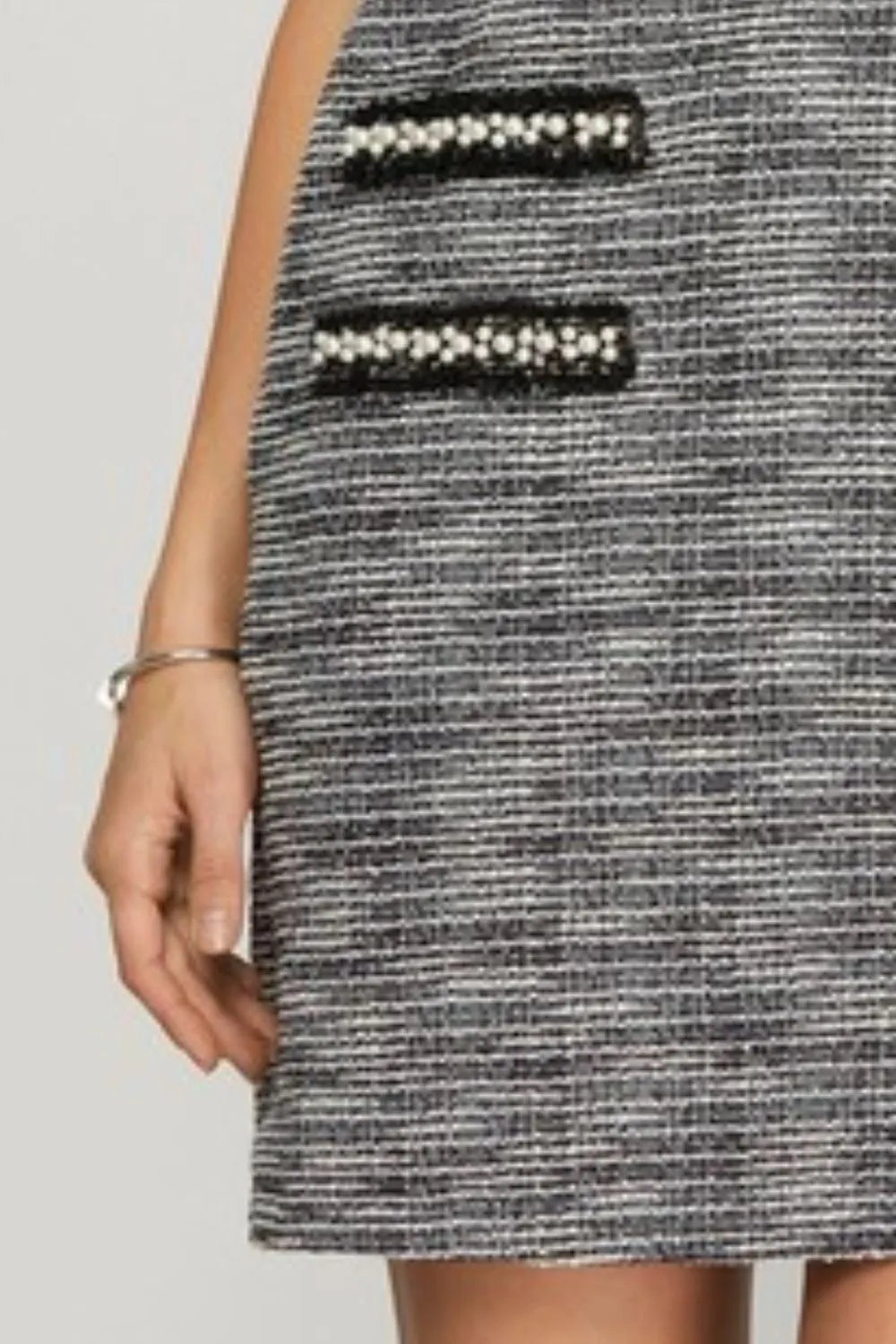 Full Size Short Sleeve Pearl Studded Trim Knit Tweed Dress Plus Size - Black - product view 3