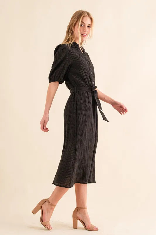 Waffle Textured Ribbon Waist Midi Dress in Black - product view 2