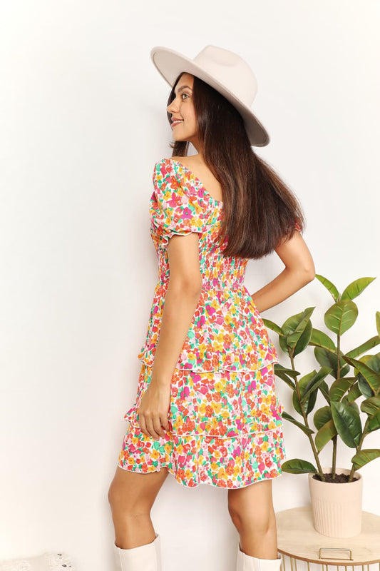 Smocked Sweetheart Neck Flounce Sleeve Mini Dress in Strawberry - product view 2