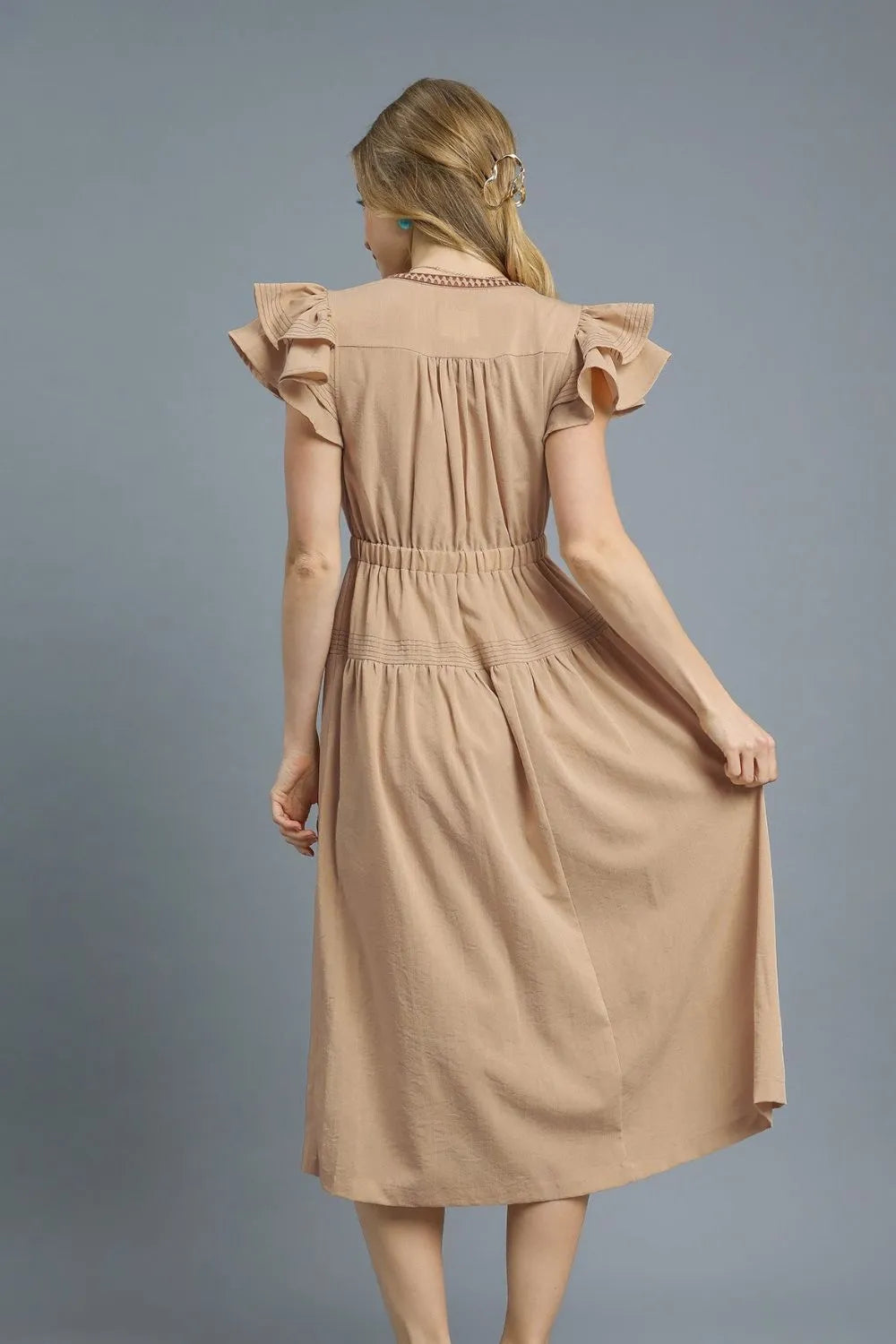 Ruffled Cap Sleeve Midi Dress with Contrast Trim Detail in Tan - product view 3