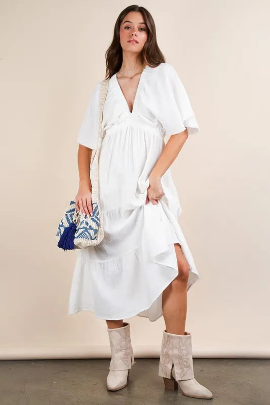 Mineral Washed Elastic Neck Detail Midi Dress in White - product view 2