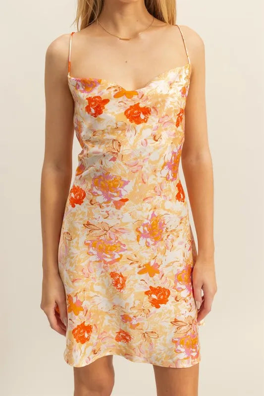 Floral Cowl Neck Flirty Satin Mini Dress - Orange - product view 5