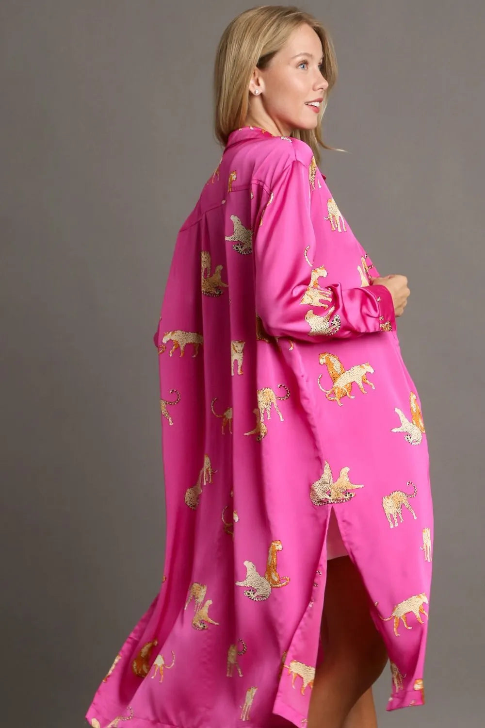 Full Size Animal Print Button Down Midi Shirt Dress Plus Size - Fuchsia Pink - product view 3