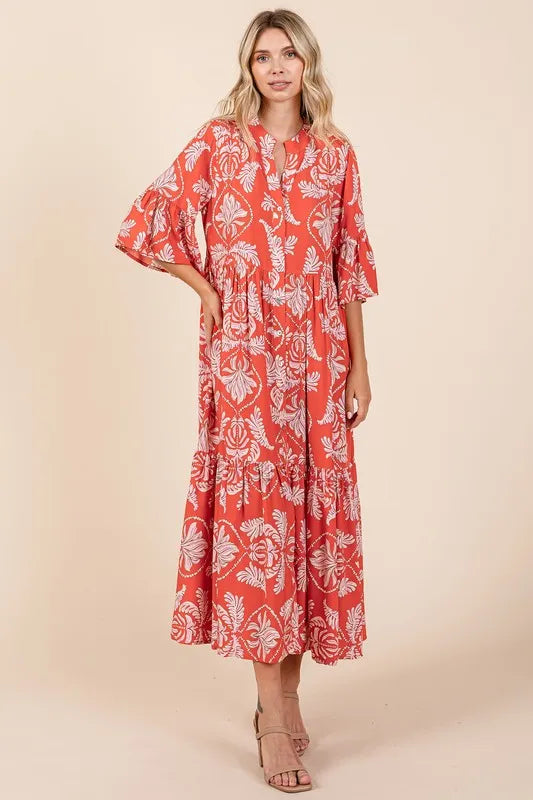 Abstract Leaf Print Tiered Ruffle Dress in Orange-Red - product view 2