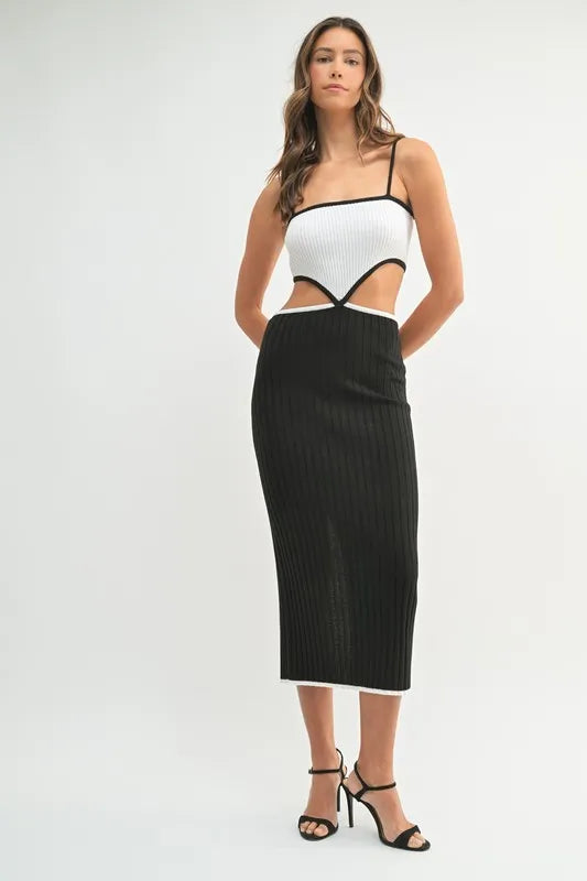 Ribbed Knit Color Block Cutout Midi Dress - Black - product view 2