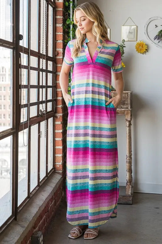 Full Size Striped Short Sleeve Maxi Tee Dress Plus Size in Pink Multi - product view 14