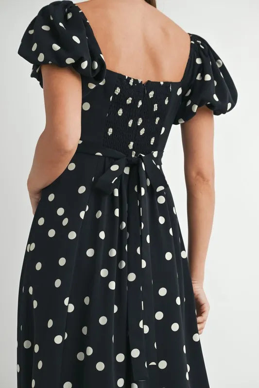 Polka Dot Puff Sleeve Midi Dress - Black - product view 2