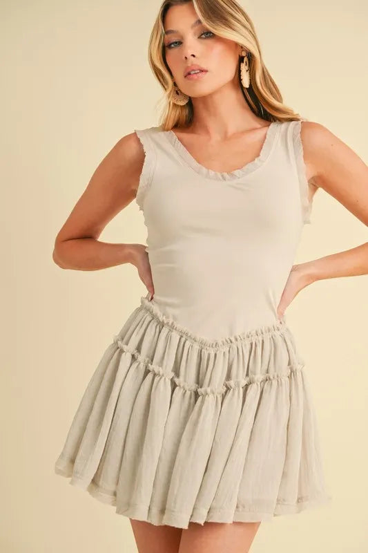 Frill Sleeveless Drop Waist Mini Dress - Oatmeal - product view 2