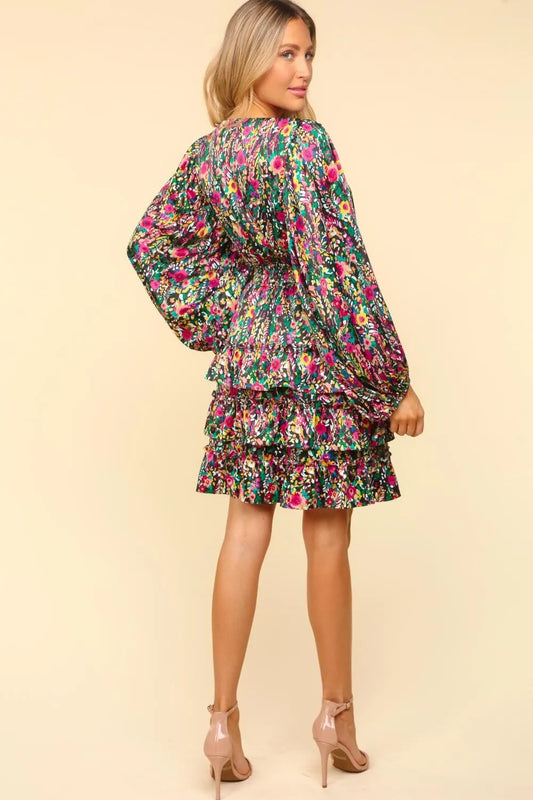 V-Neck Satin Floral Layered Dress in Multi - product view 2