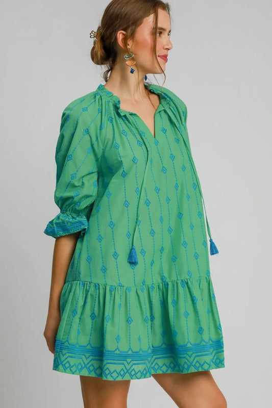 Full Size Tassel Embroidered Flounce Sleeve Mini Dress Plus Size in Green - product view 2