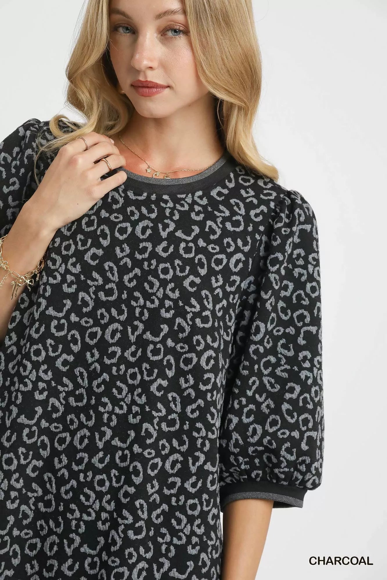 Leopard Print Jacquard Mini Dress in Charcoal - product view 5