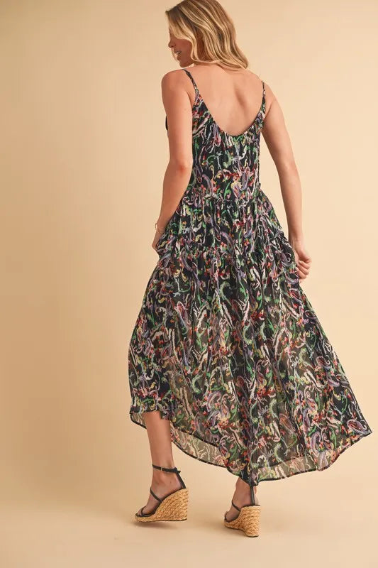 Printed V-Neck Frill Tiered Cami Dress in Black Multicolor - product view 8