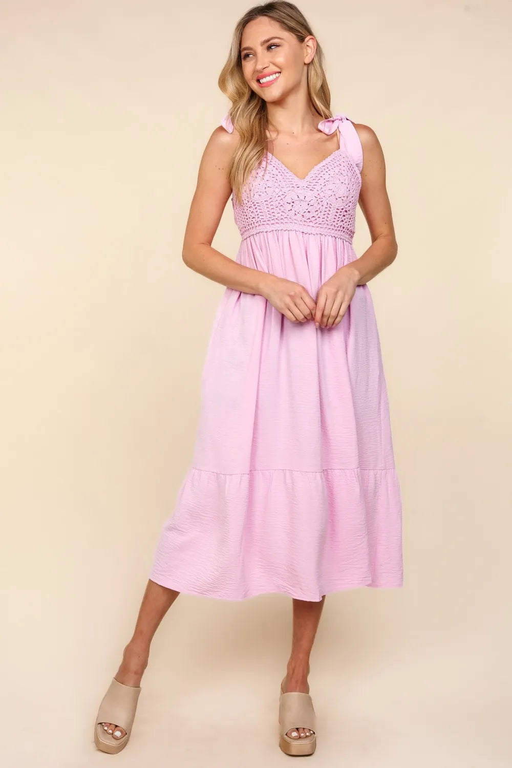 Crochet Lace Ruffle Hem Cami Midi Dress in Pink - product view 4