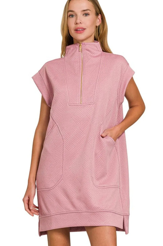 Textured Knit Jacquard Quarter Zipper Mini Dress - Lt Rose - product view 2