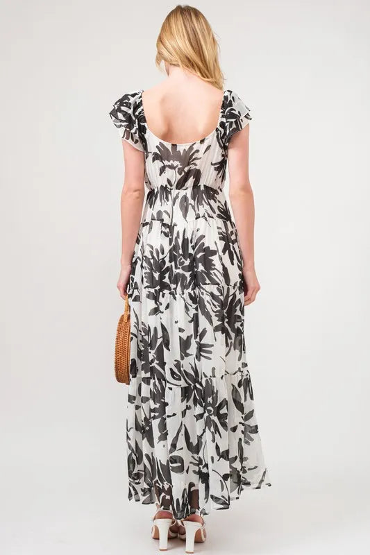 Ruffled Sleeve Tiered Floral Print Maxi Dress in Black Cream - product view 2