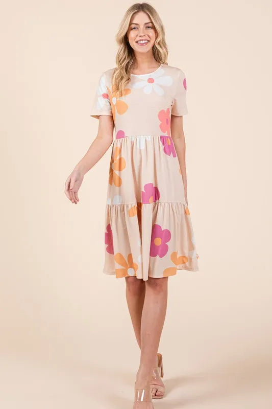 Floral Round Neck Short Sleeve Tiered Dress - Apricot - product view 2
