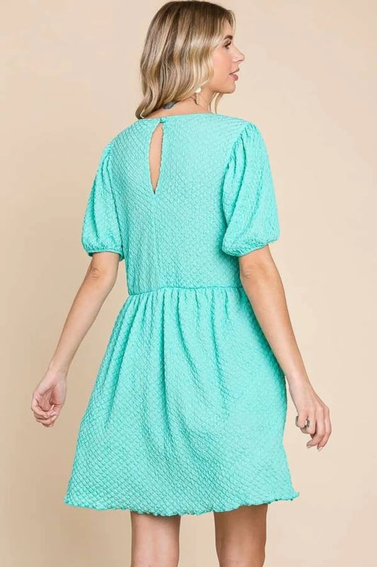 Full Size Textured Round Neck Puff Sleeve Dress in Mint - product view 2