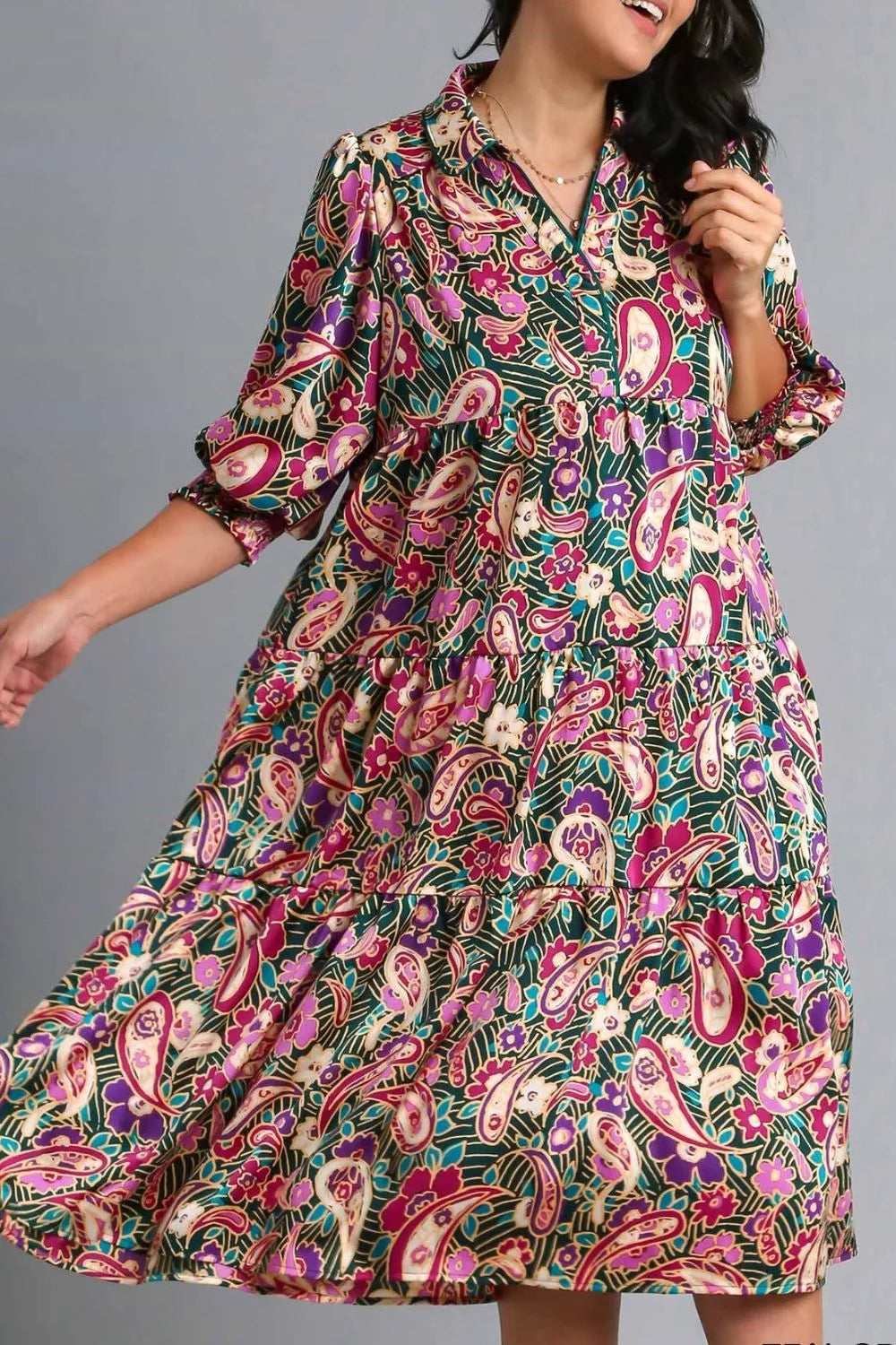 Full Size Paisley Print Satin Tiered Midi Dress Plus Size in Tealgreen - product view 5