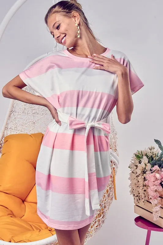 Tie Front Striped Short Sleeve Dress in Blush - product view 7