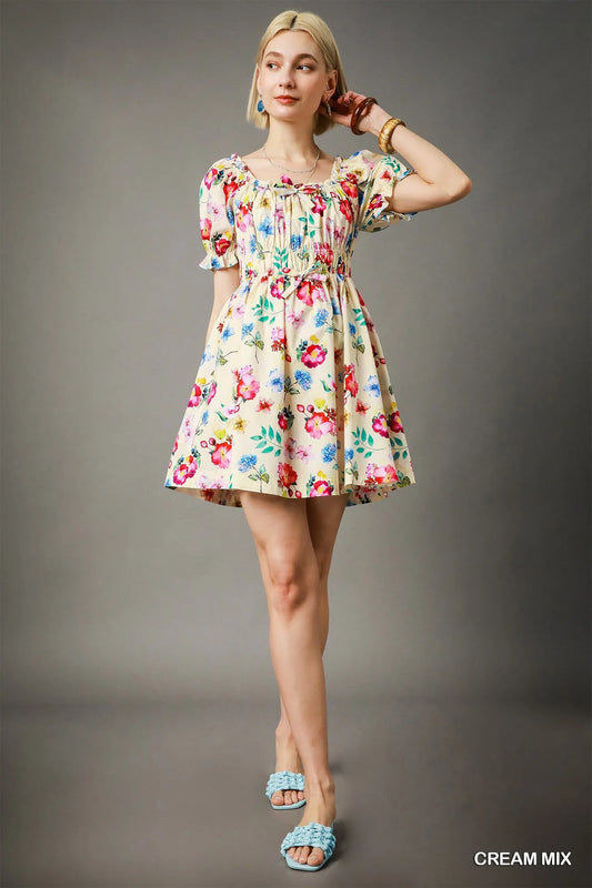 Floral Print Puff Sleeve Mini Dress - Cream - product view 2