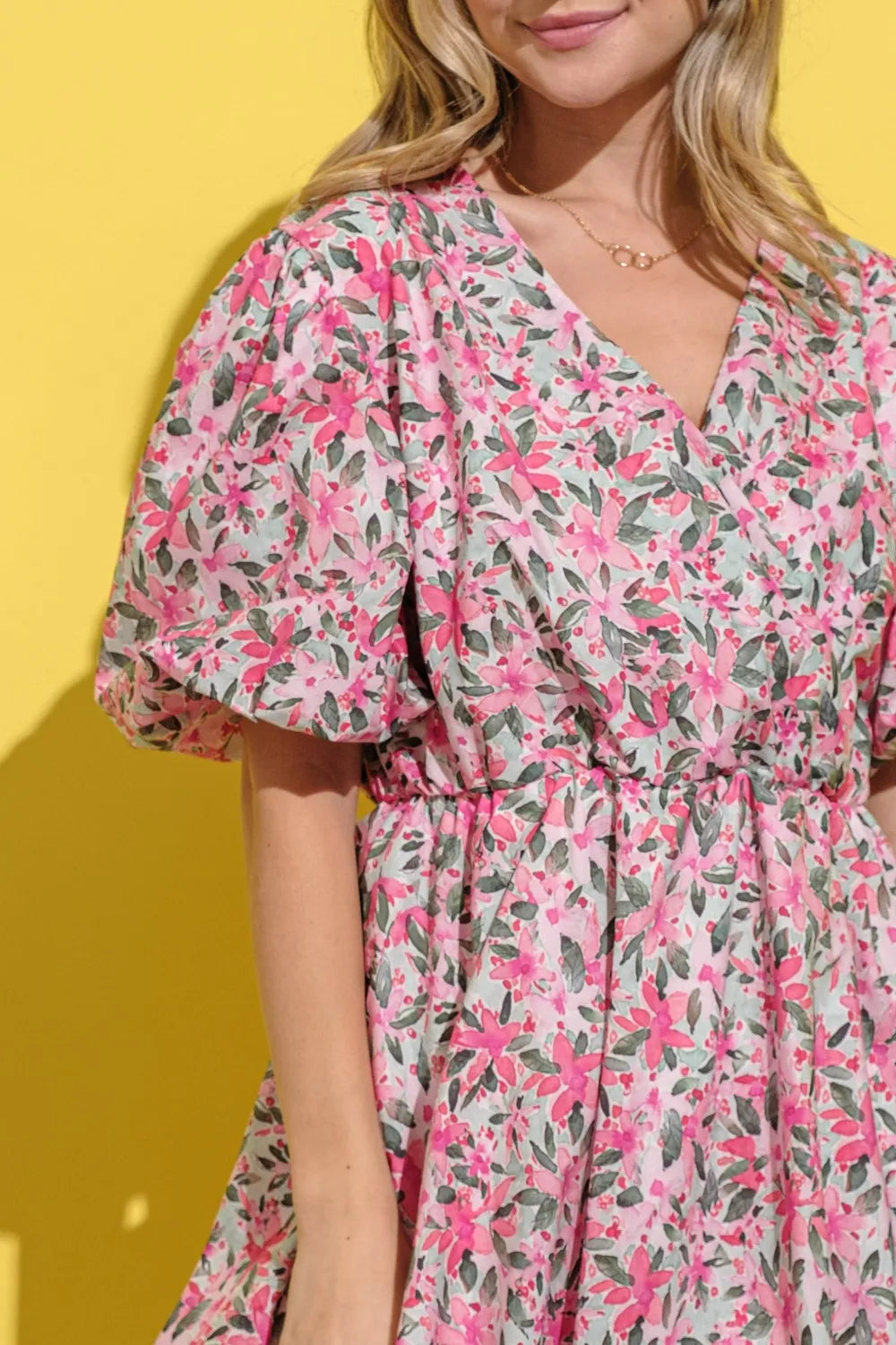Full Size Floral Surplice Puff Sleeve Dress - Pink Multi - product view 6