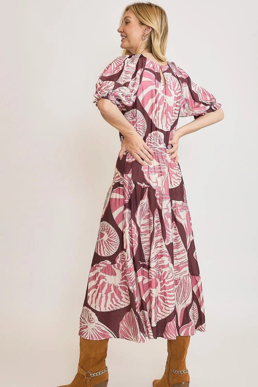 Full Size Printed Notched Puff Sleeve Midi Dress Plus Size - Plum/Mauve - product view 3