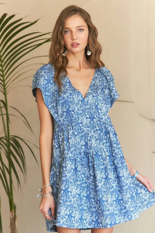 Printed V-Neck Ruffle Sleeve Mini Dress in Denim Blue - product view 2