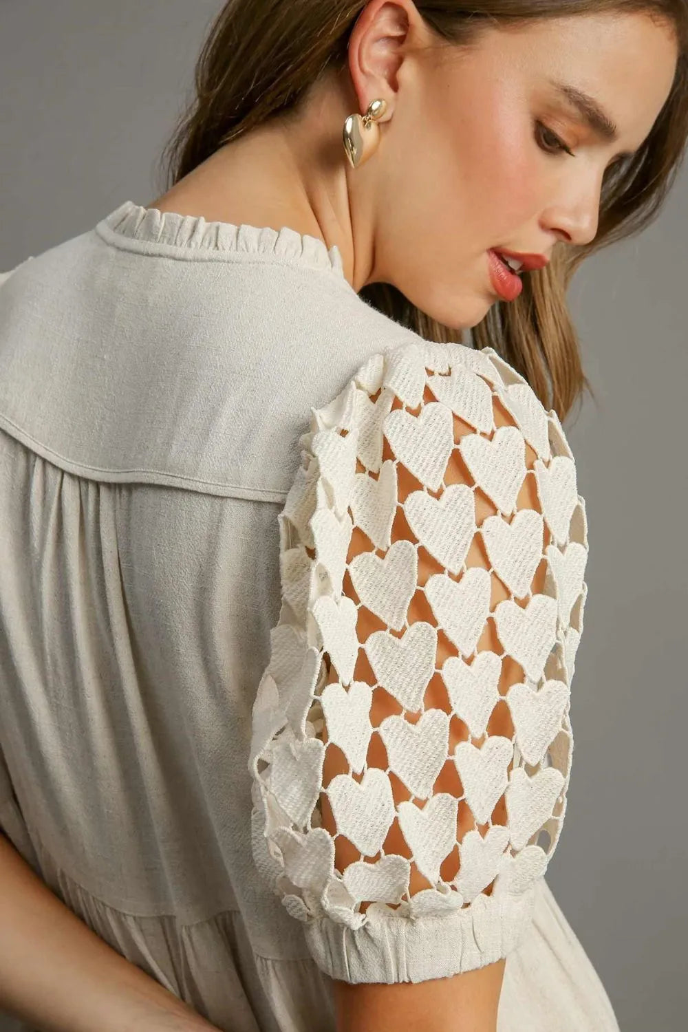 Full Size Ruffled Hem Heart Lace Sleeve Tie Neck Dress Plus Size in Oatmeal - product view 3