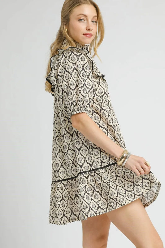 Ruffled Printed Puff Sleeve Mini Dress - Black - product view 2