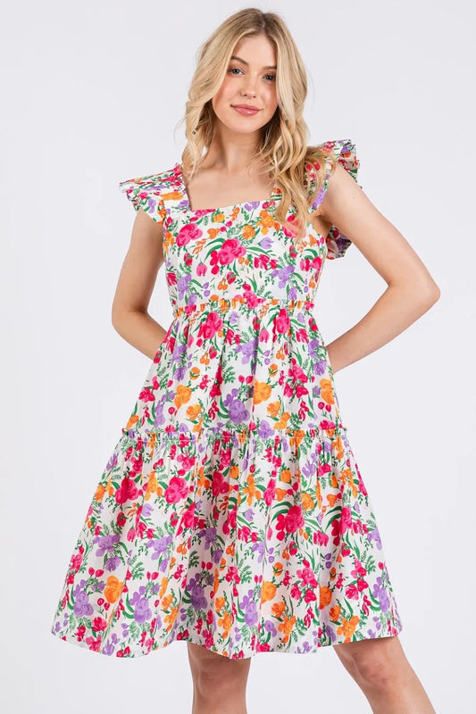 Flower Print Ruffle Shoulder A-line Mini Dress in Ivory Multi - product view 2