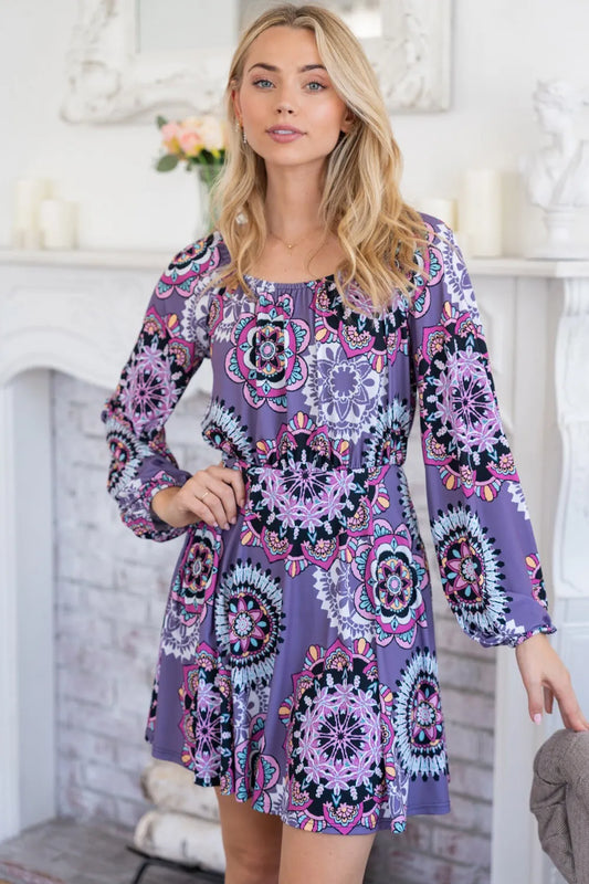 Printed Long Sleeve Mini Dress with Short Liner in Purple - product view 2