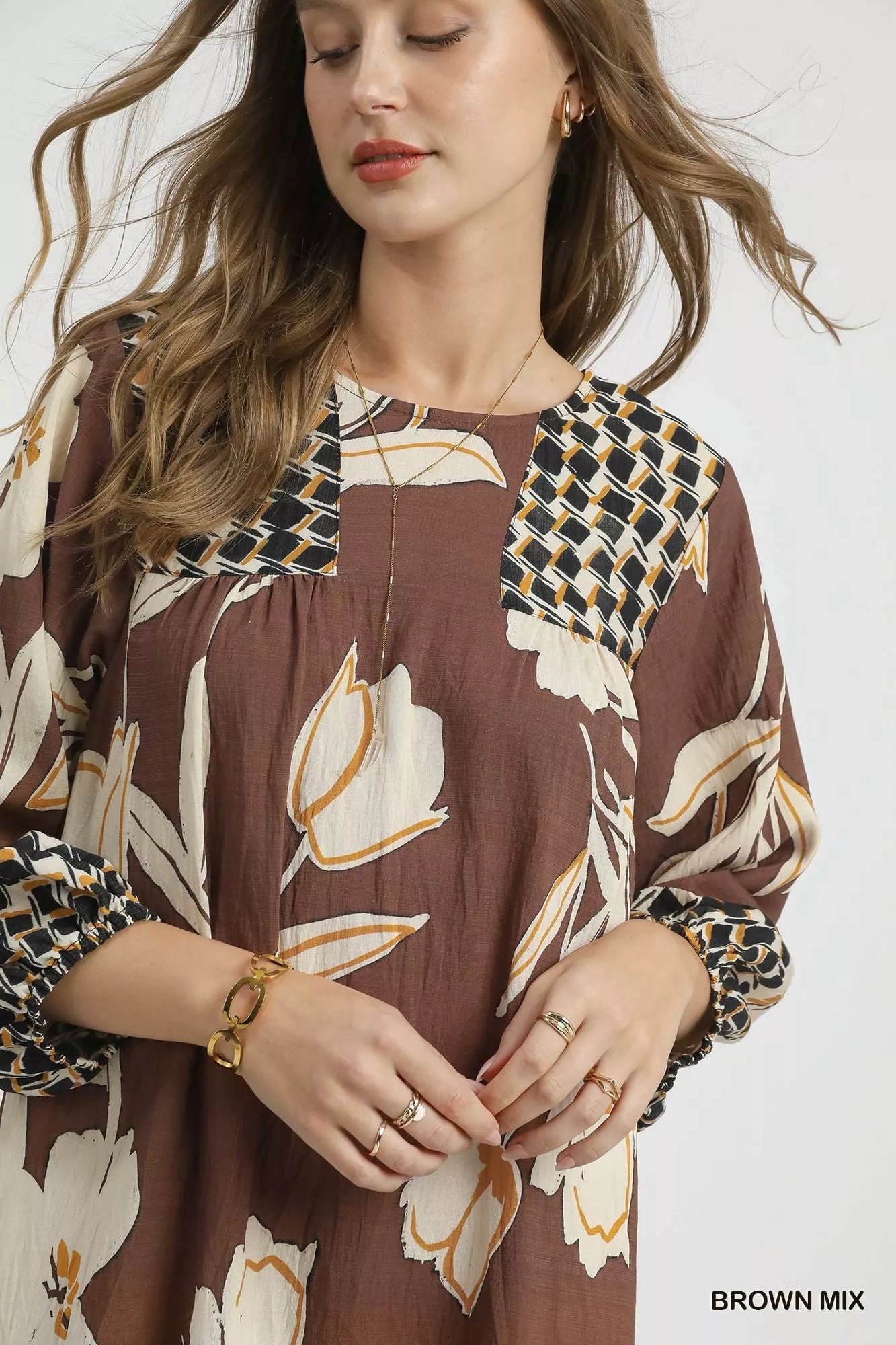 Floral High-Low Babydoll Dress in Brown Mix - product view 4