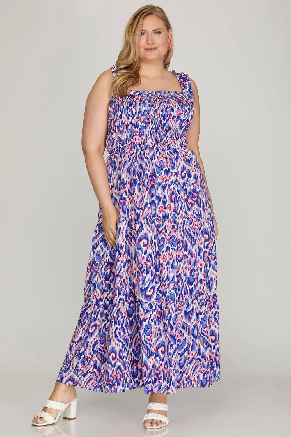 Full Size Smocked Printed Wide Strap Tiered Dress Plus Size - Royal Blue - product view 3