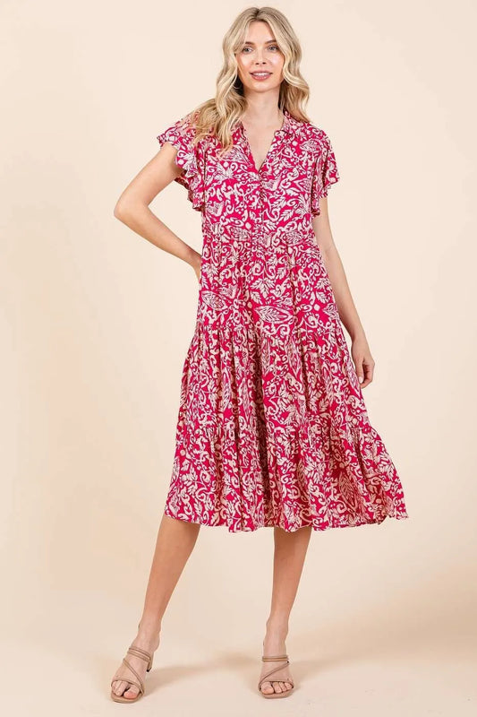 Abstract Print Ruffle Tier Midi Dress - Fuchsia - product view 2