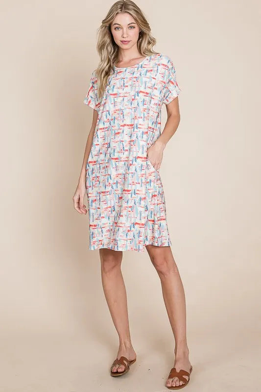 Printed Round Neck Short Sleeve Tee Dress in Red - product view 5