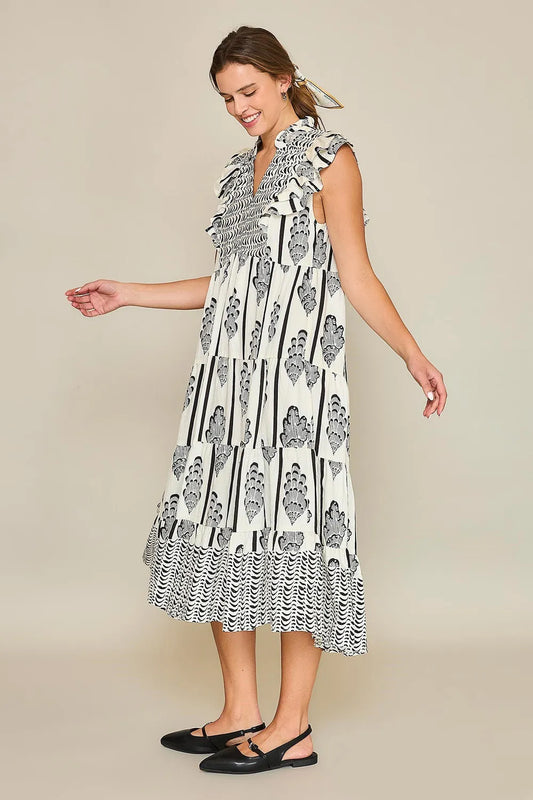 Full Size Boarder Print Midi Dress Plus Size in Cream/Black - product view 2
