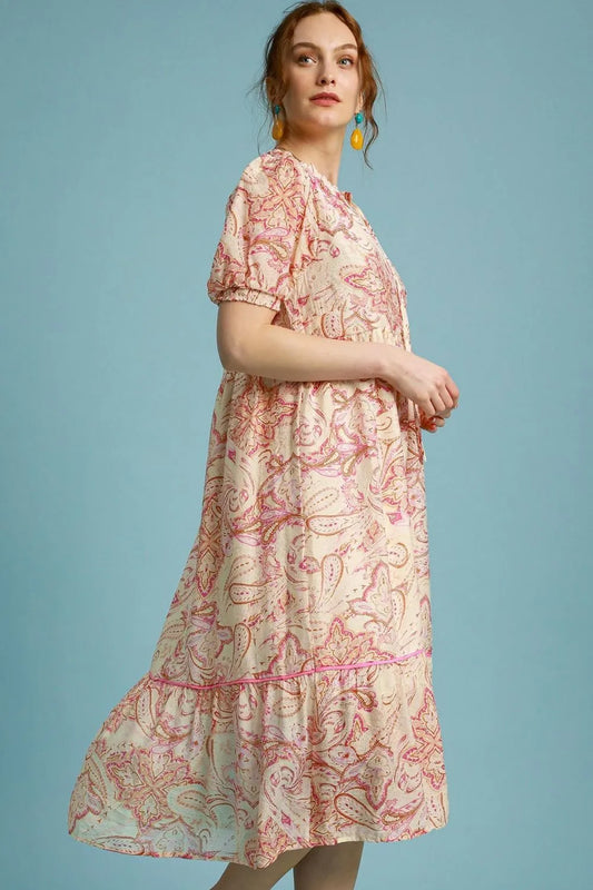 Full Size Printed Puff Short Sleeve Midi Dress Plus Size - Pink Mix - product view 2