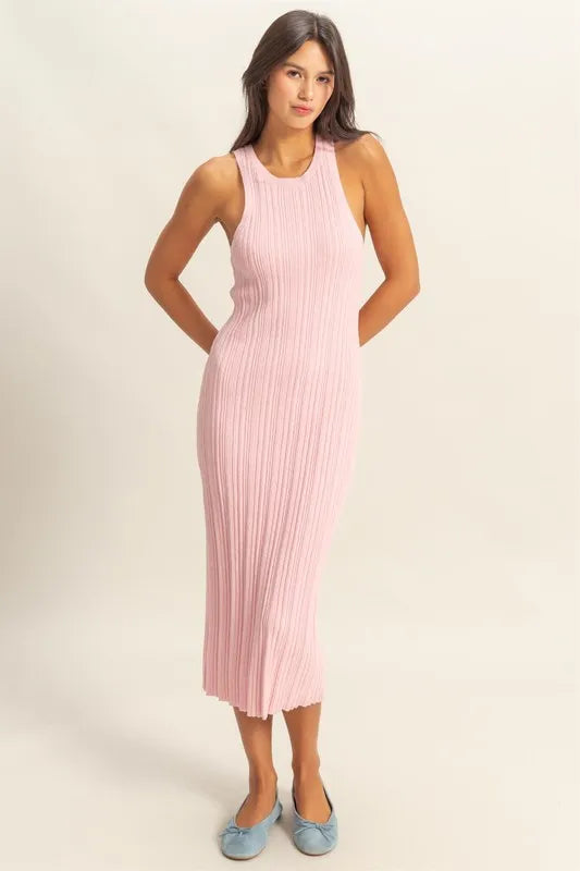 Round Neck Bodycon Ribbed Knit Dress - Soft Pink - product view 5